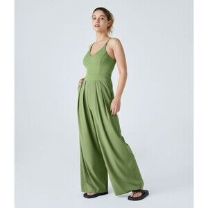 Halara Breezeful Backless Wide Leg Quick Dry Resort Jumpsuit Hot Wasabi Medium